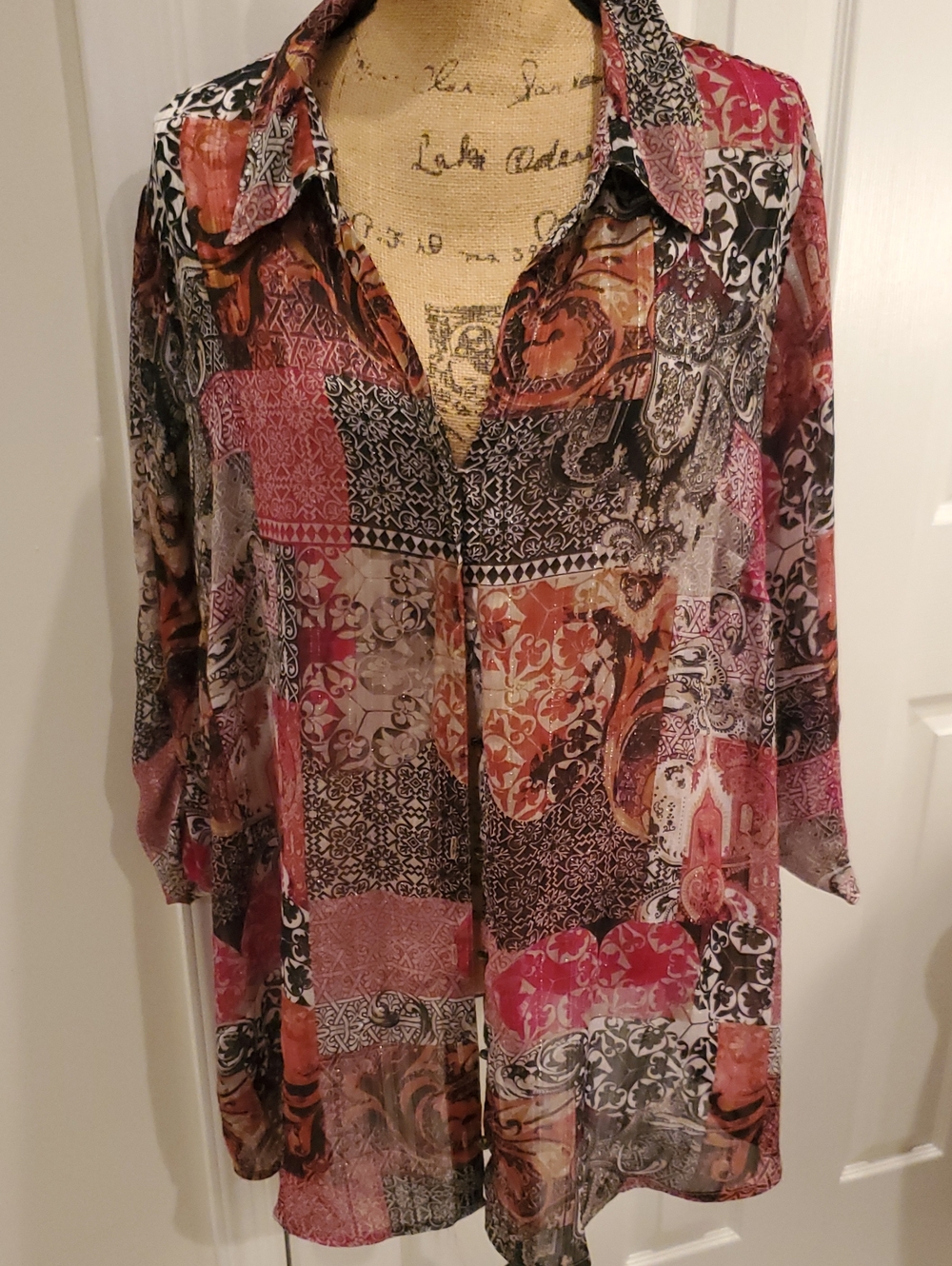 Sara Michelle Patchwork Print Button Down Shirt Red Black 2X Like New
